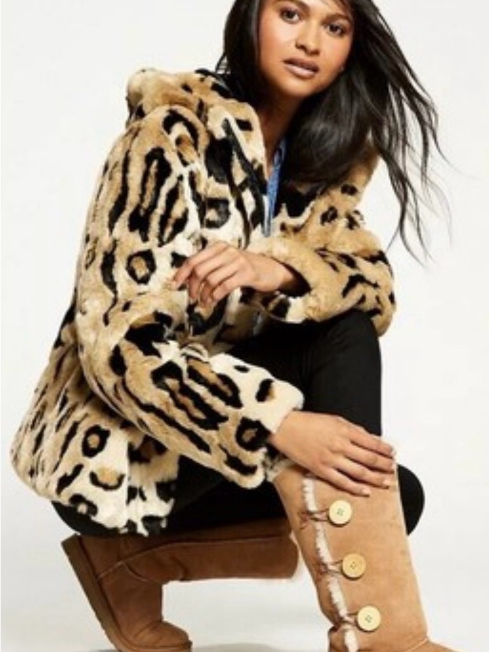 Calvin Klein Leopard Faux-Fur Hooded Coat - Tan & Black
